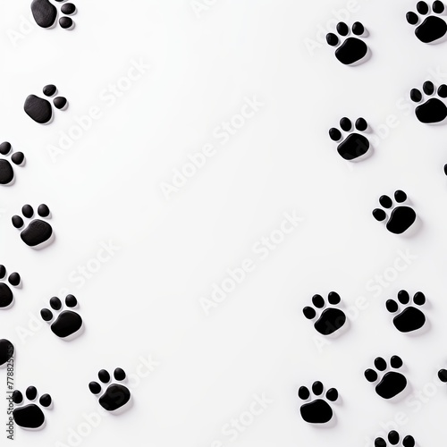 Black paw prints on a background  minimalist backdrop pattern with copy space for design or photo  animal pet cute surface
