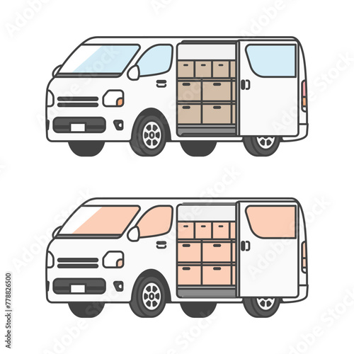 物流シリーズ：荷物を積み込んだ、配達へ出発する商用車バン、ワンボックスカー。(カラー&モノカラー)