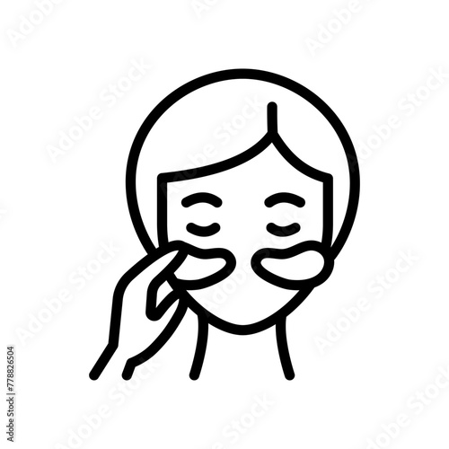 Girl face with patches line icon. Beauty procedure concept, applying cosmetic patches under the eyes sign on white background. Gel patch on face icon outline style. Vector graphics.