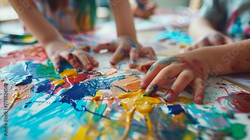 Closeup of two childrens hands working on a colorful art project with paper and paints on a classroom table, showcasing creativity 3d rendering