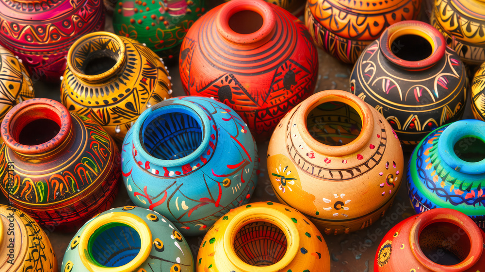 Indian handicraft pots background, colorful, vibrant
