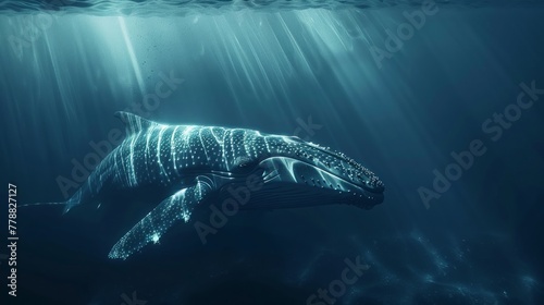 Underwater giant, whale in 52 Hz frequency ripple, hologram effect, deep sea tranquility 3d rendering photo