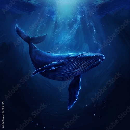Whale swimming in deep blue, 52 Hz sound waves visualized, holographic shimmer, ocean mystery low noise
