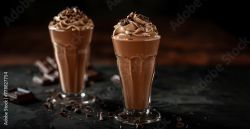 A chocolate drink is poured into a glass on a wooden table. chocolate milkshake. elegantly food styled. placed in a dark background. food photography.