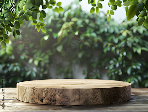 Wooden round podium on blurred nature background. Empty rustic display. Platform to showcase products.