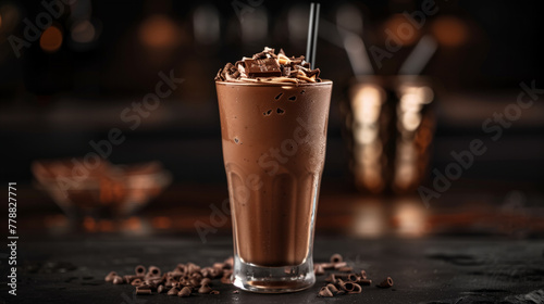 A chocolate drink is poured into a glass on a wooden table. chocolate milkshake. elegantly food styled. placed in a dark background. food photography.