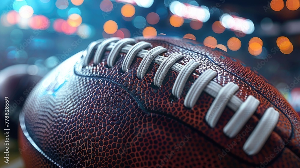 The detailed seams and leather of an American football, with the stadium lights and cheering crowds blurred out, highlighting the strategy and excitement of American football - obrazy, fototapety, plakaty 