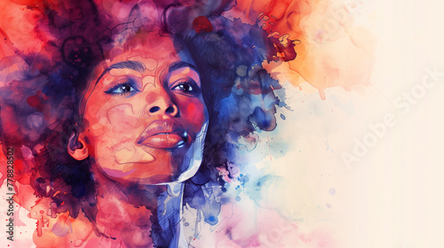 A woman with a big afro is painted in a colorful background. The painting is abstract and has a lot of different colors. Black woman watercolor painting style banner made photo