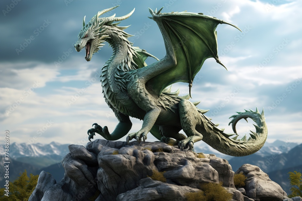 Fototapeta premium Huge green dragon with wings on top of a rock