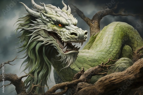 Gigantic and huge magnificent terrifying green Chinese dragon among the rocks photo