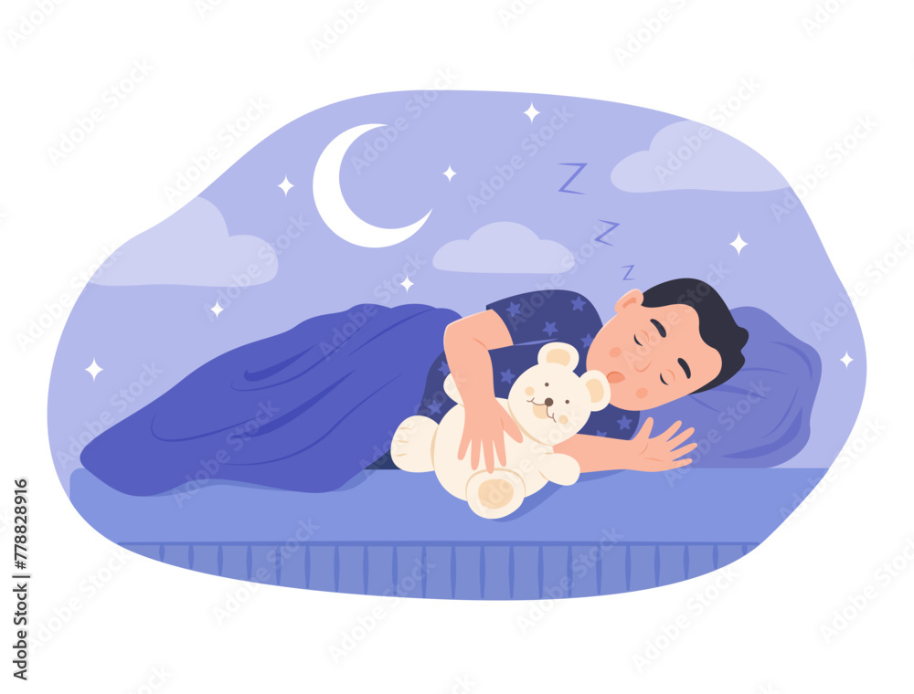 Cute Kid Hugging Teddy Bear and Sleeping in Bed at Night Cute Kid Hugging Teddy Bear and Sleeping in Bed at Night