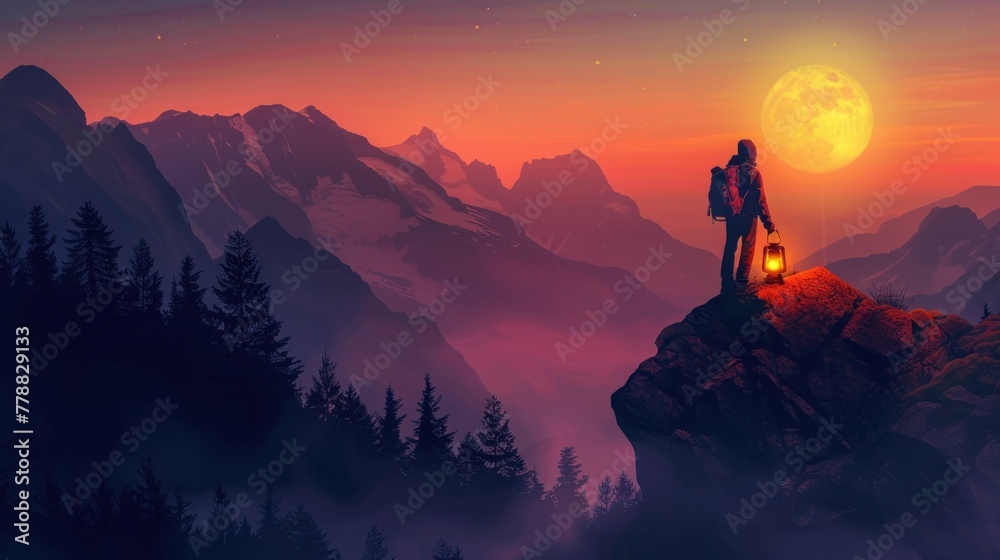 Back View of Traveller man standing on top of mountain