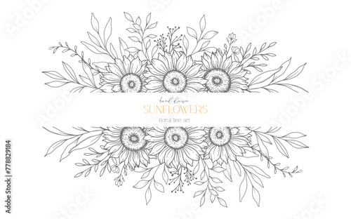 Sunflowers Line Drawing. Sunflower Frame Line Art. Floral frame. Floral Line Art. Fine Line Sunflower  illustration. Hand Drawn Outline flowers. Botanical Coloring Page. Wedding invitation flowers