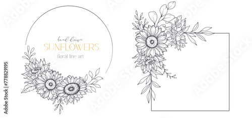Sunflowers Line Drawing. Sunflower Frame Line Art. Floral frame. Floral Line Art. Fine Line Sunflower  illustration. Hand Drawn Outline flowers. Botanical Coloring Page. Wedding invitation flowers