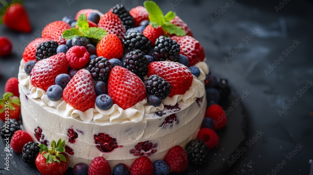   A dark platter topped with a cake decorated with fresh berries - raspberries, blueberries, and more