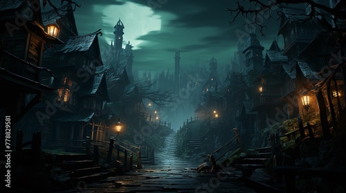 Capture the eerie ambiance of haunted enclaves with a unique tilted angle view enhancing the sense of mystery and intrigue Perfect for a spine-chilling Halloween promotion. photo