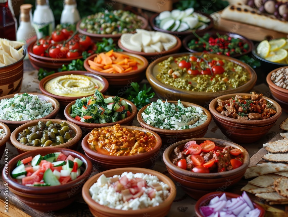 Meze assortment spread colorful and diverse