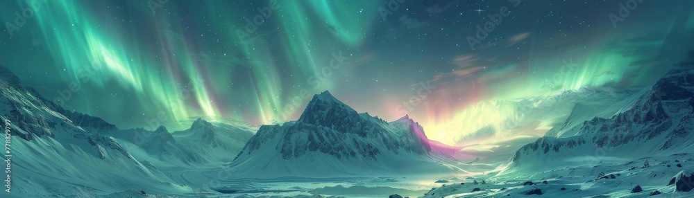 Northern lights casting a magical glow over a snowy mountain landscape