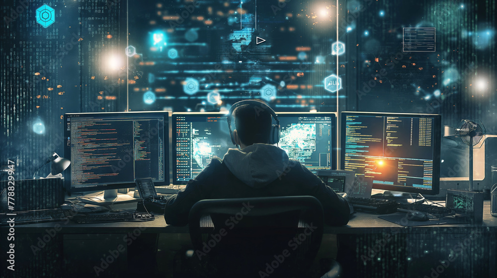 Cybersecurity analyst in a modern network operations center, monitoring and defending against cyber threats. Cybersecurity analyst in a modern network operations center, monitoring and defending against cyber threats.