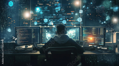 Cybersecurity analyst in a modern network operations center, monitoring and defending against cyber threats. photo