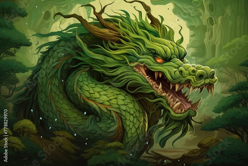 Drawing of a giant and huge magnificent terrifying green Chinese dragon among the forest photo