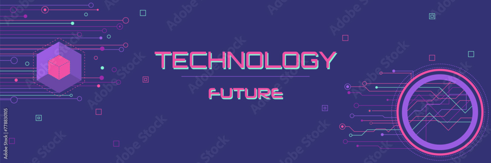 Technology Modern Banner, Poster in Cyberpunk style. Abstract Futuristic Colorful background. Geometric retro template Vector illustration Technology Modern Banner, Poster in Cyberpunk style. Abstract Futuristic Colorful background. Geometric retro template Vector illustration