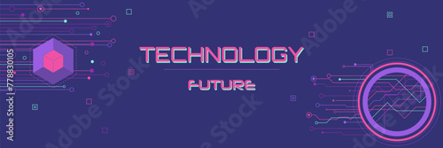 Technology Modern Banner, Poster in Cyberpunk style. Abstract Futuristic Colorful background. Geometric retro template Vector illustration