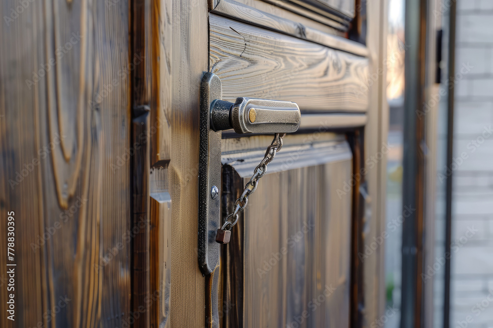 Close-up of front door with handle and metal chain latch. Copy space. Security of residential houses.