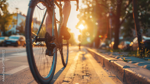 
A person is riding a bicycle down a street with a sunset in the background. The scene is peaceful and serene, with the sun setting behind the trees and the person on the bike enjoying the ride
 photo