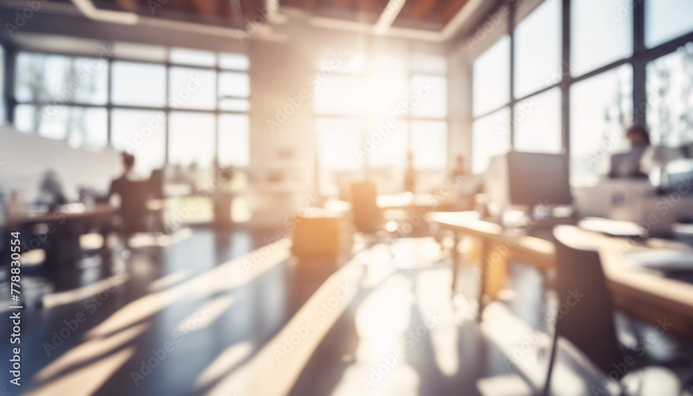 Sunlit Corridor: Blurry Background in Corporate Environment. Blurred Empty Sunny Open Space Office. Blurred Office Interior Space Background. Corporate Design.