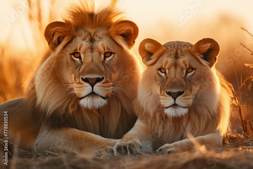 Pair of lions resting in golden light