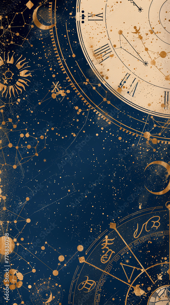 Mystical blend of golden celestial elements and zodiac signs set against a starry night sky, creating an intricate design and astrological theme