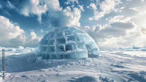 Inuit igloo, in an icy landscape in the North Pole, on a snowy surface with a daytime sky and clouds in the background. Ethnographic wallpaper featuring an Eskimo house.