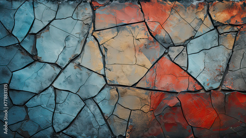 A Crack background, close-up shots of various crack patterns, emphasizing bold contrasts and vibrant hues for a visually captivating and dynamic display Ai Generative photo