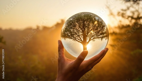 A crystal orb held in a hand captures the inverted reflection of a solitary tree against a sunset backdrop, invoking wonder. photo