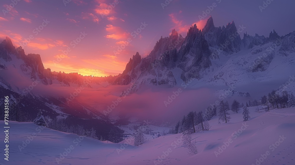   The sun sets over a snow-capped mountain range with trees lining its sides