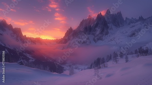   The sun sets over a snow-capped mountain range with trees lining its sides © Anna