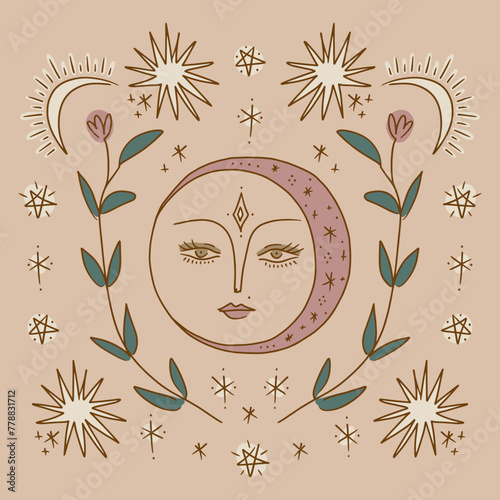 Boho space vintage art. Moonlight and stars. Vintage stylish hand-drawn set of full and crescent moon face, stellar symbols and more. Antique poster abstraction collection