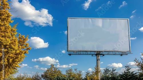 Blank billboard on blue sky ready for new advertisement beside highway