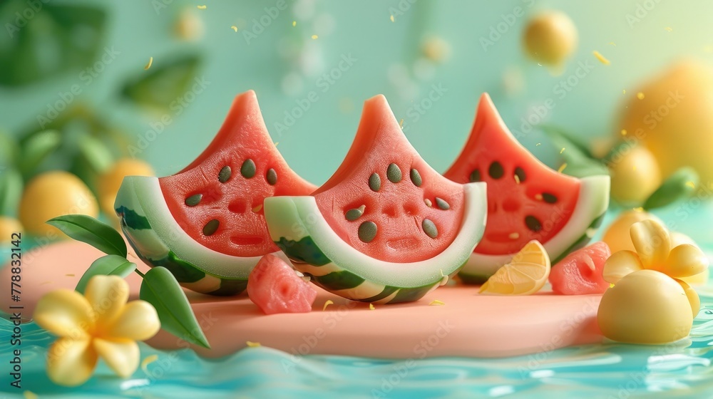 Freshly Sliced Watermelon Pieces on Ceramic Plate with Floral Accents
