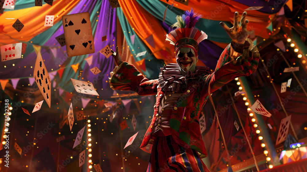 A jester in a vibrant costume juggles amidst flying playing cards