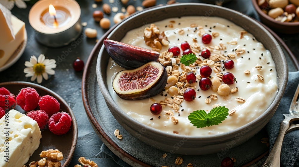   A bowl of oatmeal, adorned with fruit, nuts, and yogurt, gracefully sits on a table alongside a flickering candle