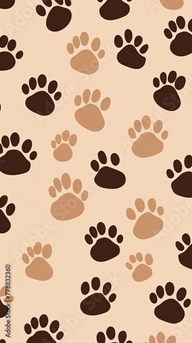 Brown paw prints on a background  minimalist backdrop pattern with copy space for design or photo  animal pet cute surface