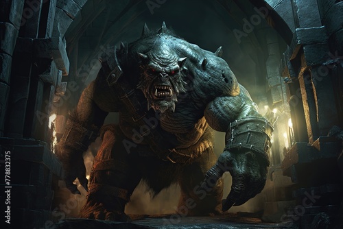 Huge massive muscular orc monster in armor in a cave in the dungeon
