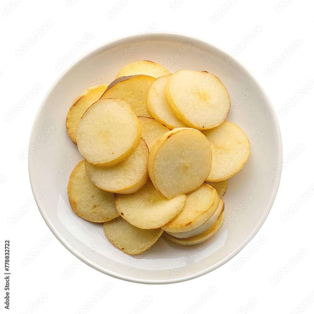 A heap of potato chips on white plate isolated on transparent background.