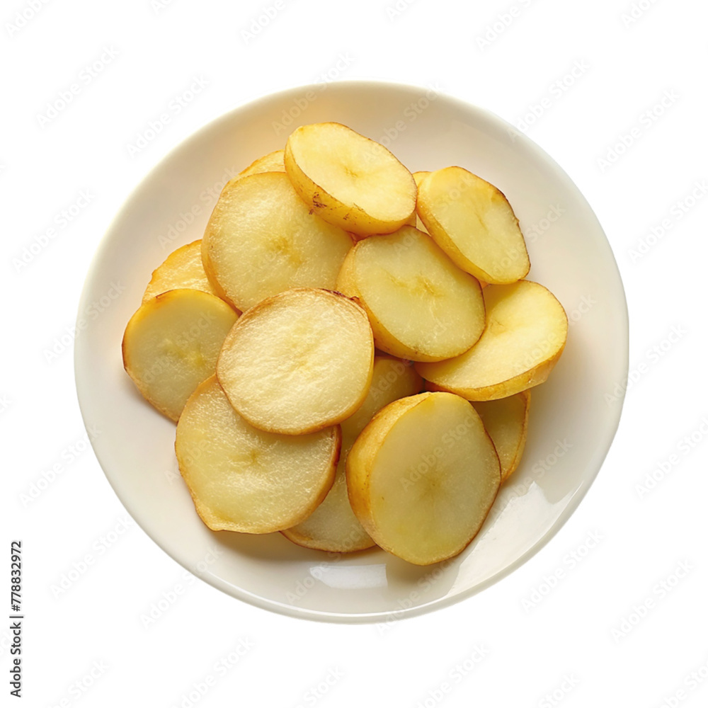 A heap of potato chips on white plate isolated on transparent background.