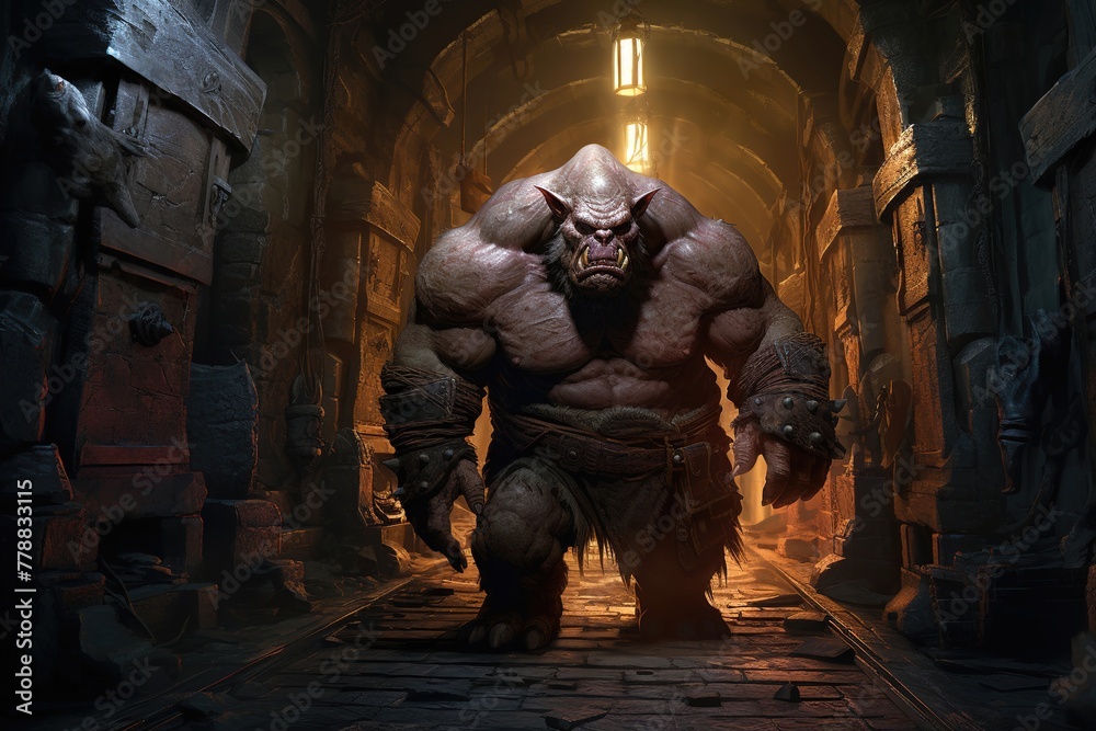 Huge ogre troll monster in armor in the city of monsters in a cave in the dungeon