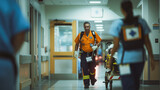 A paramedic in an orange wearing a stethoscope walks quickly down a hospital hallway,  a nurse pushing a stretcher with a patient on it