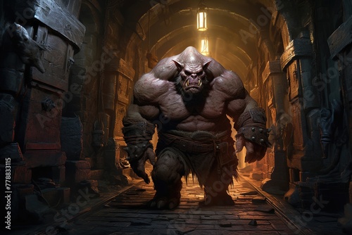 Huge ogre troll monster in armor in the city of monsters in a cave in the dungeon