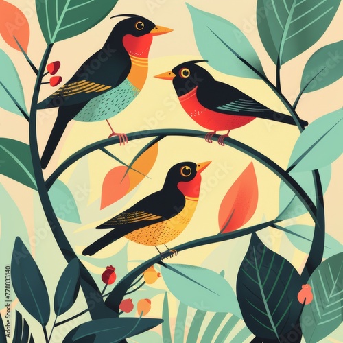 A whimsical congregation of colorful, stylized birds perched together, creating a tapestry of hues and shapes against a soft colorful backdrop. © TalehKron